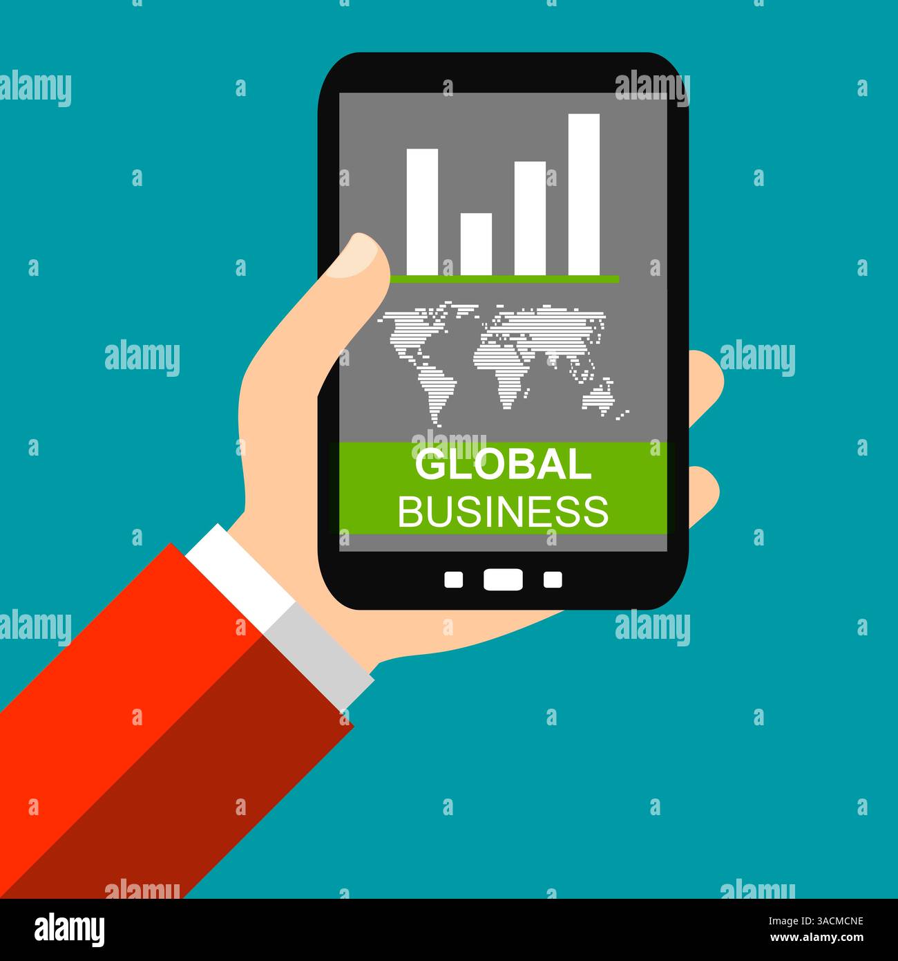Hand mit Smartphone: Global Business – Flat Design Stockfoto