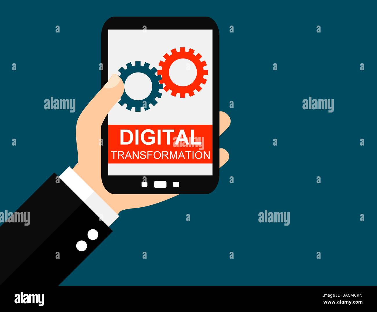 Hand mit Smartphone: Digitale Transformation – flaches Design Stockfoto