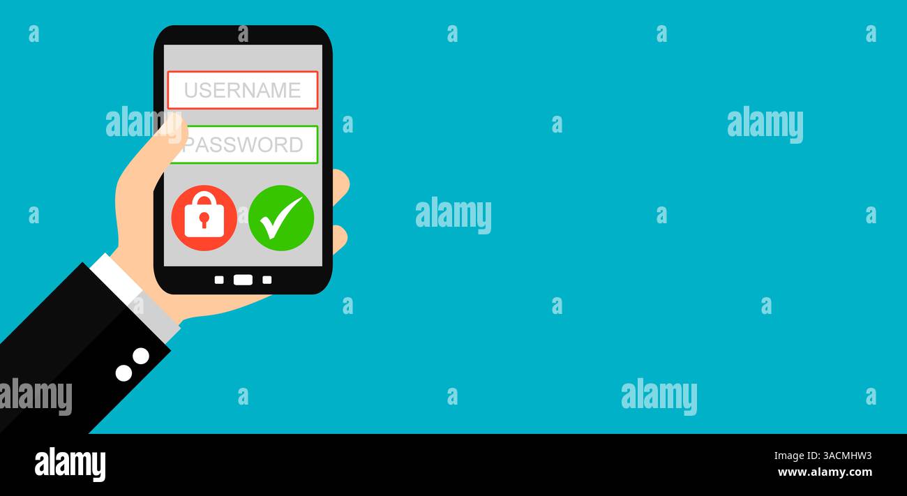 Das breite, flache Design zeigt die Hand mit dem Smartphone: Benutzername und Passwort Stockfoto