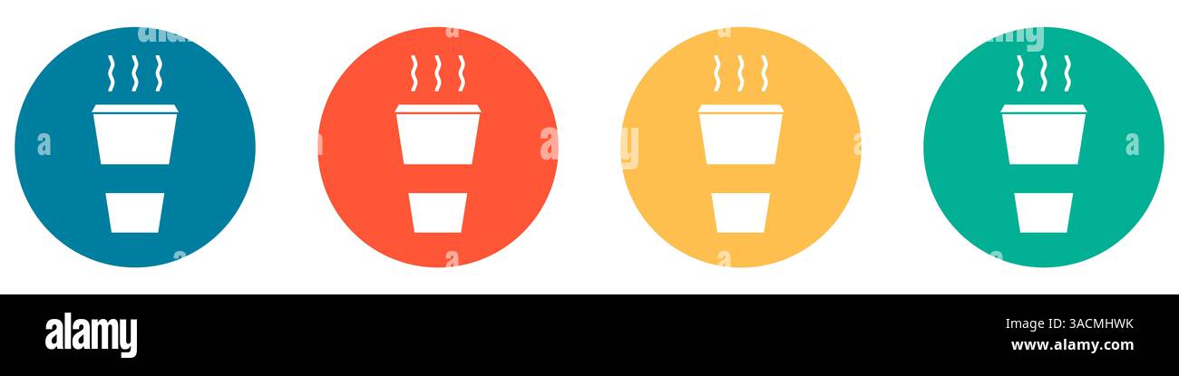 4 bunte Tasten in blau rot orange und grün zeigen Kaffee in einer Tasse – Kaffee zum Mitnehmen Stockfoto