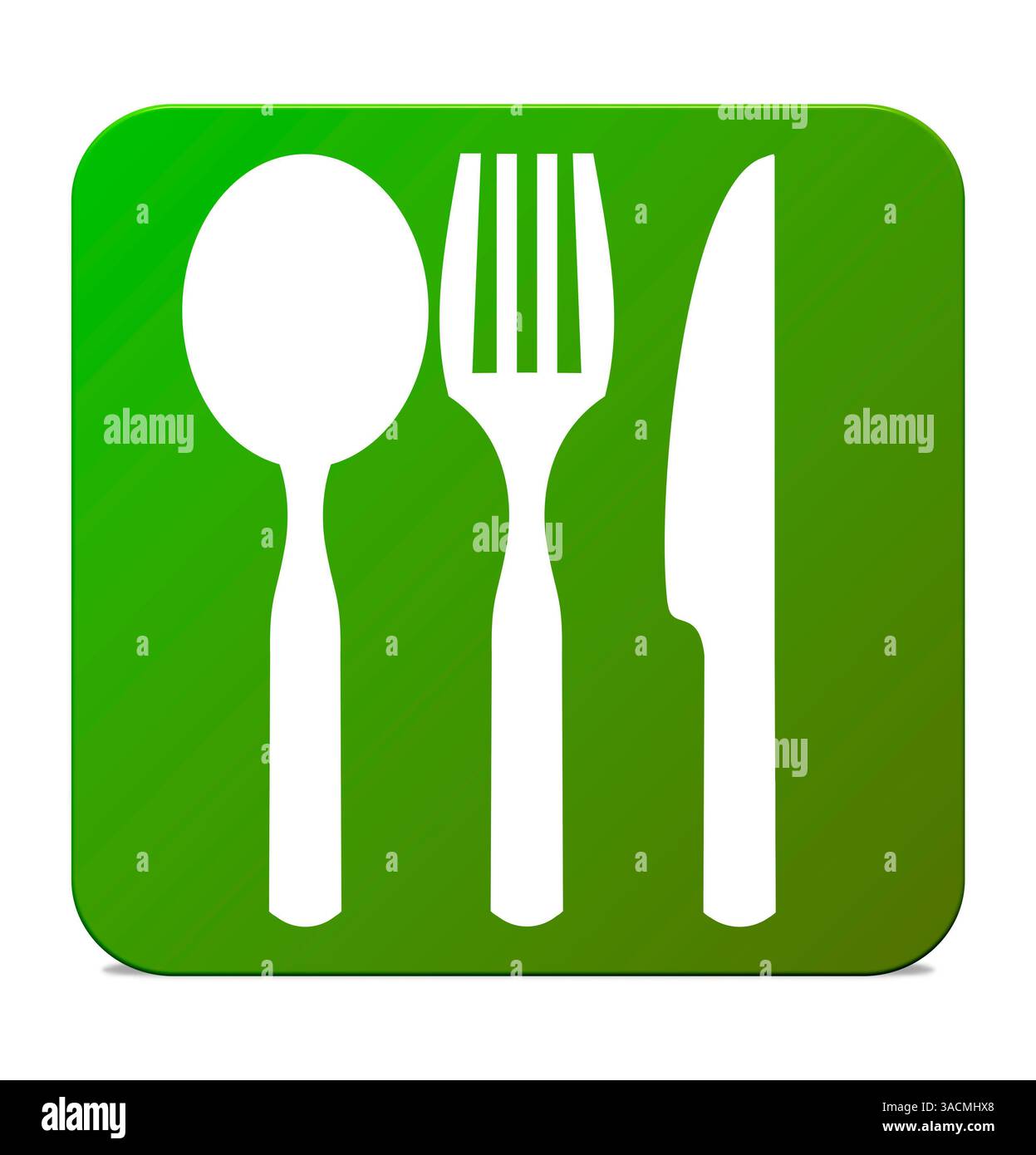 Die grüne Taste mit weißem Symbol zeigt das Symbol für Restaurant oder Besteck Stockfoto
