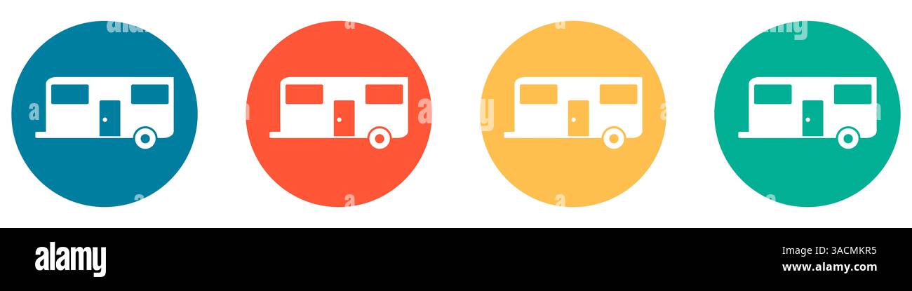 4 farbenfrohe Knöpfe in blau rot orange und grün zeigen Campingwagen Stockfoto