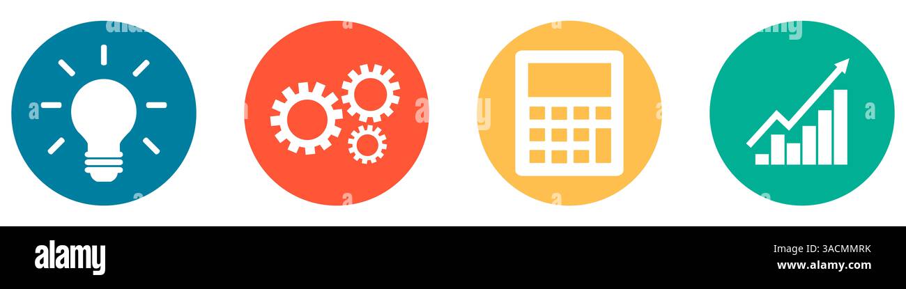 4 farbige Tasten in blau rot orange und grün zeigen Geschäftskonzept und Erfolgsstrategie Stockfoto