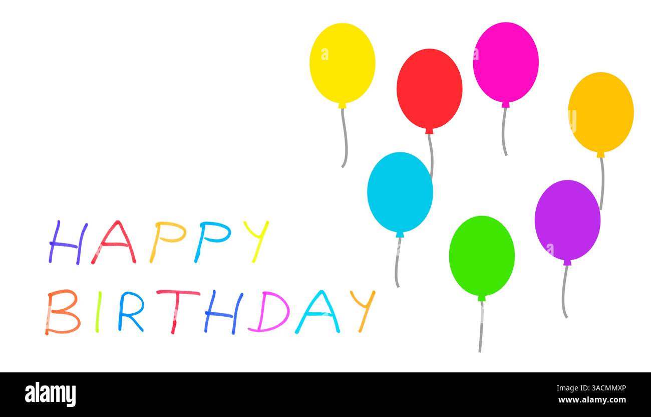 Geburtstagskarte mit bunten Ballons und der Aufschrift Happy Birthday Stockfoto
