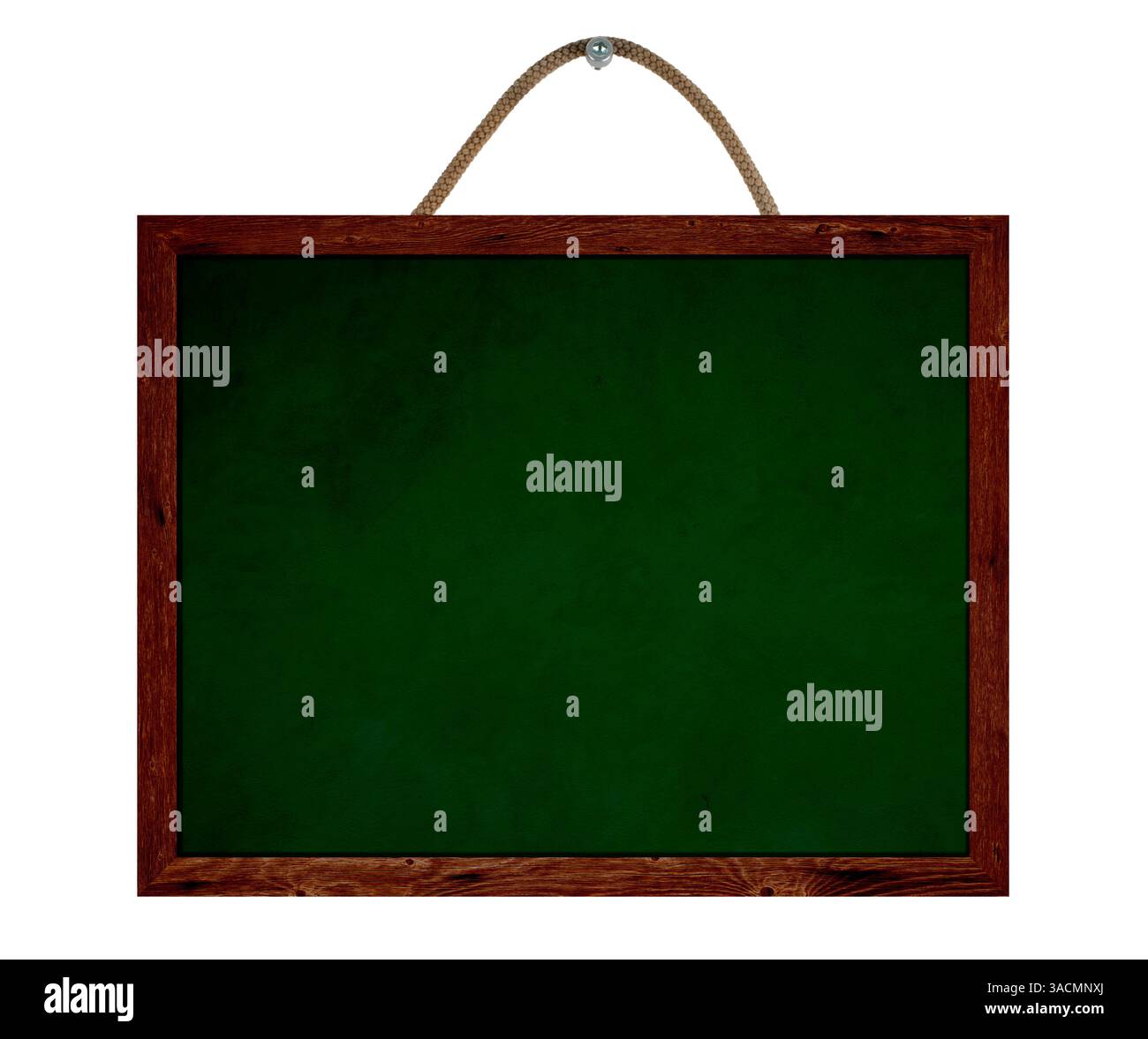 Dunkelgrüne Isolierplatte mit dunklem Holzrahmen und Seil zum Aufhängen Stockfoto