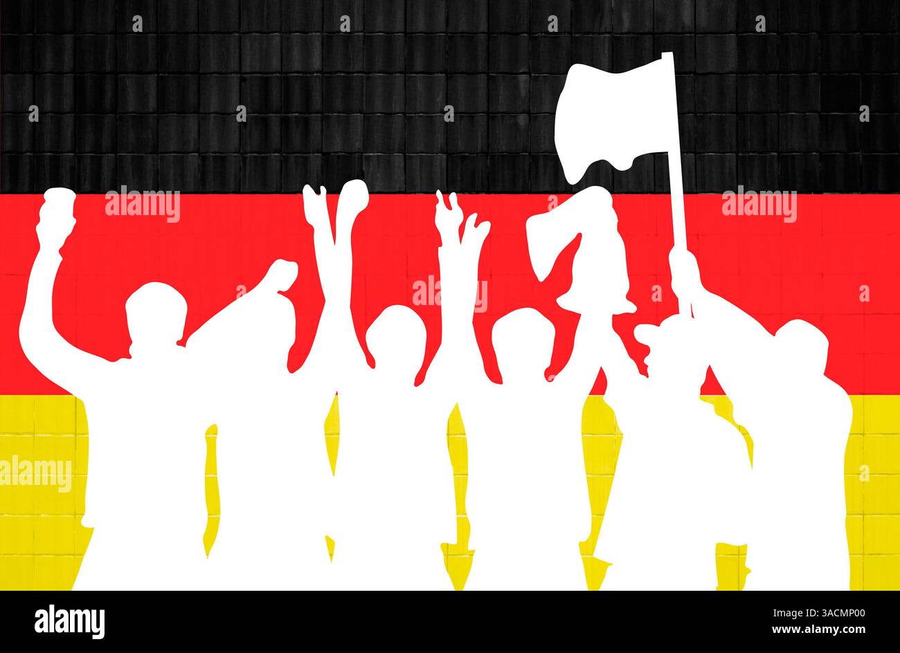 Weiße Silhouette feiernder Fans vor einer schwarzen, roten und gelben Wand Stockfoto