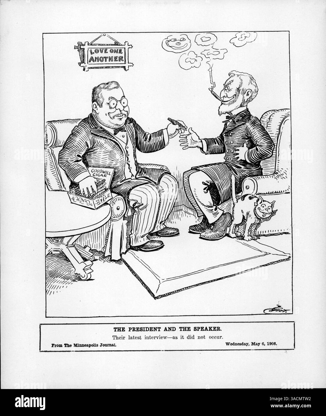 Dieses Bild fängt einen ironischen Moment zwischen dem Präsidenten des Repräsentantenhauses Cannon und Präsident Roosevelt, den politischen Rivalen der Republikanischen Partei, ein, während sie trotz ihrer heftigen Opposition gegen die progressive Politik einen entspannten Moment mit Zigarren rauchen. Der Moment verdeutlicht die Spannung zwischen persönlichem Verhältnis und politischer Rivalität. Stockfoto