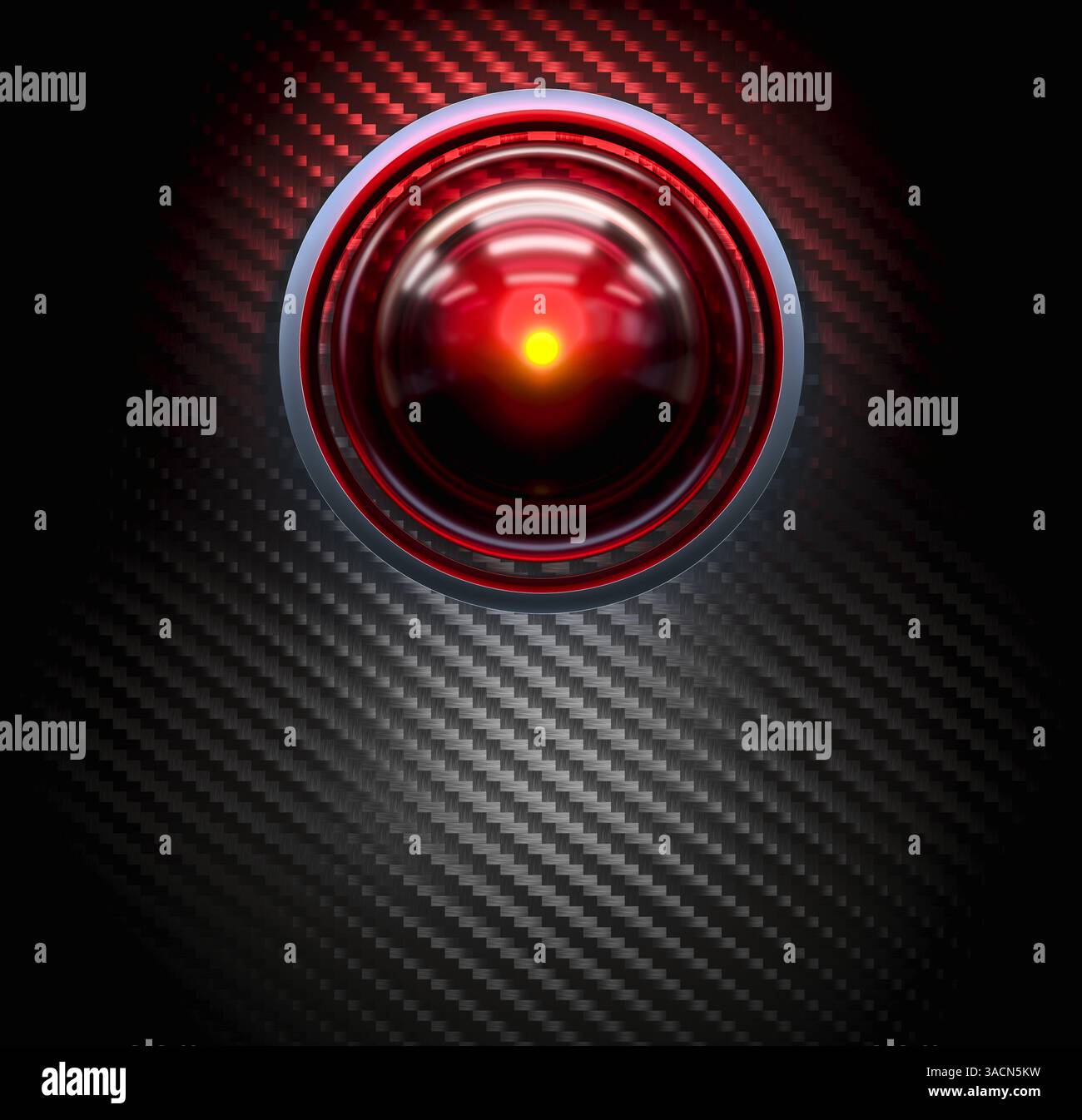 Red Hal Eye leuchtet auf dunklem Kohlefaserhintergrund 3d Stockfoto