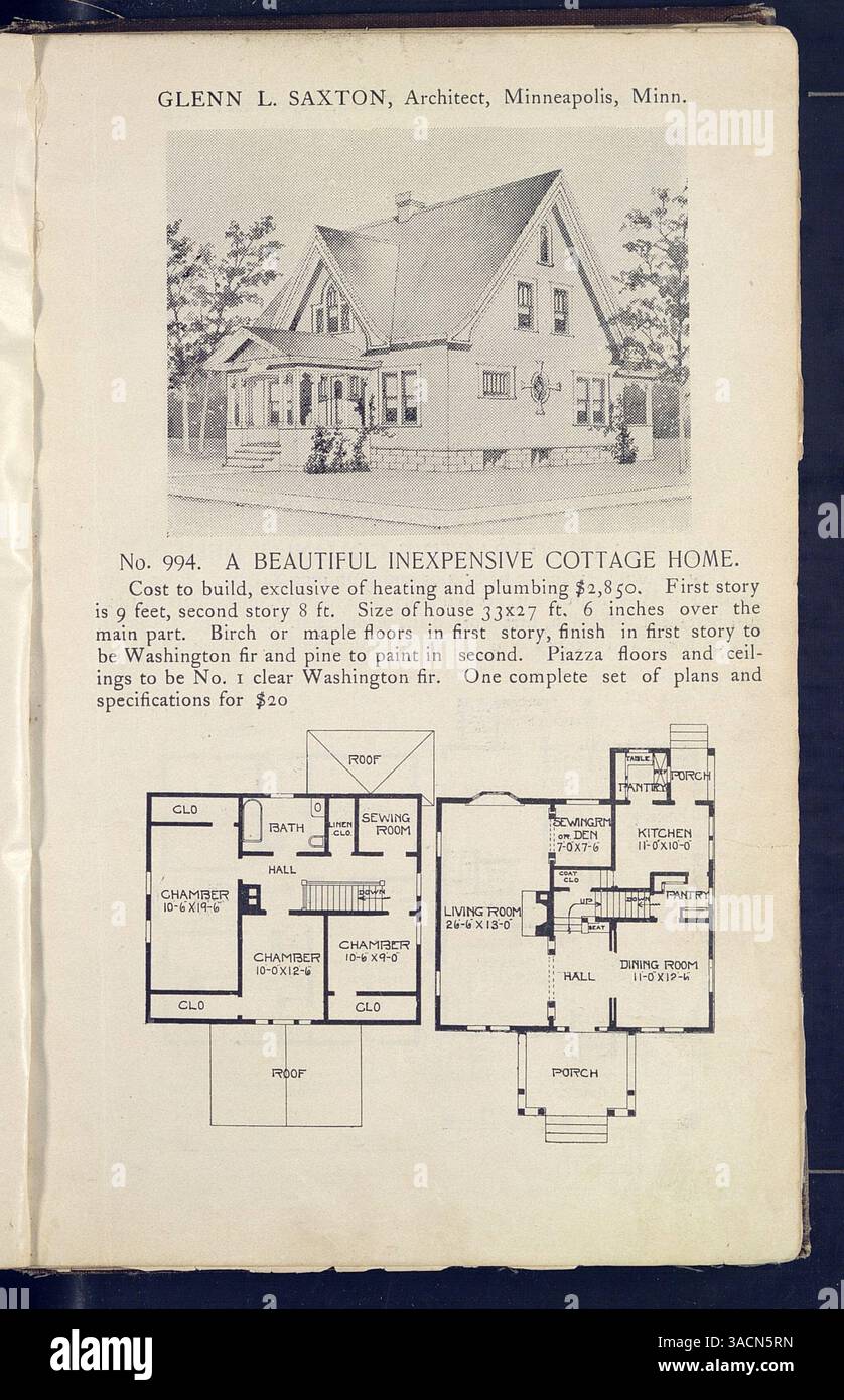 Saxton's *American Dwellings* (7. Auflage) bietet über 150 Hausentwürfe mit Werbung für Zimmereien und Baumaterialien und bietet praktische Informationen für den Wohnbau im frühen 20. Jahrhundert. Stockfoto