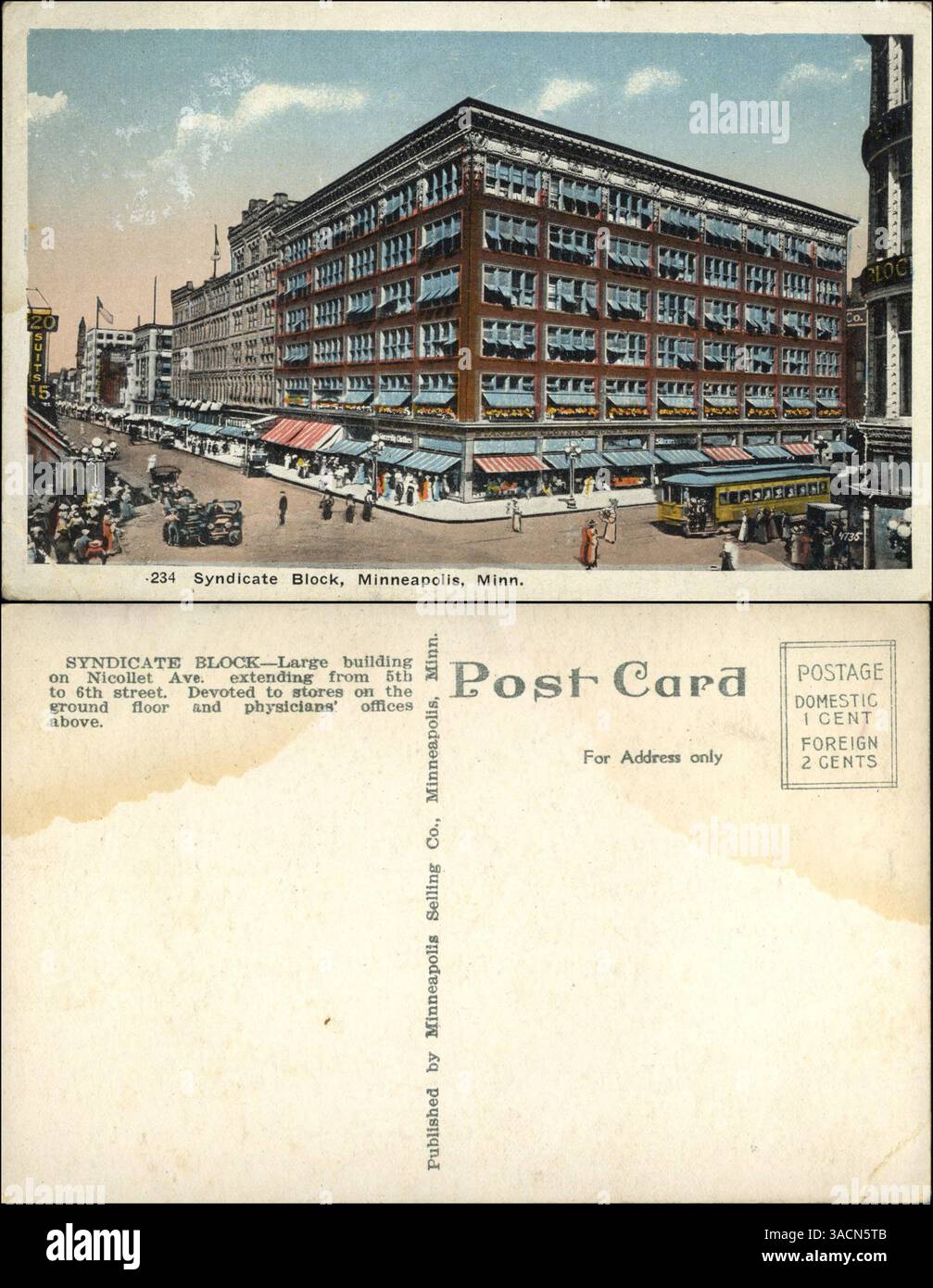 Der Syndicate Block ist ein großes Gebäude an der Nicollet Ave. In Minneapolis, das sich von der 5. Bis 6. Straße erstreckt. Im Erdgeschoss befinden sich Einzelhandelsgeschäfte, darüber befinden sich Arztpraxen. Stockfoto
