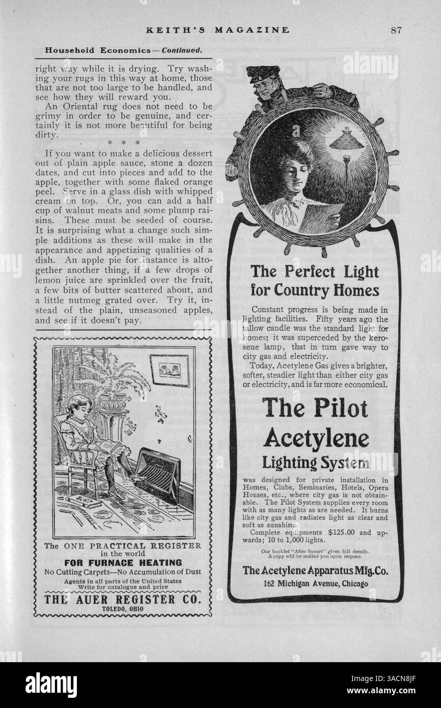 Keith's Magazine aus dem Jahr 1904 präsentiert eine Reihe von architektonischen Entwürfen, Grundrissen und Kostenaufteilungen für den Hausbau. Es enthält Artikel über Innenarchitektur und Landschaftsgestaltung sowie Werbung für Möbel und Baumaterialien. In einigen Ausgaben werden auch Entwürfe für Kirchen und Schulen vorgestellt. Vol. 11 Nr. 4 fehlen die Seiten 209, 210, 215 und 216. Stockfoto