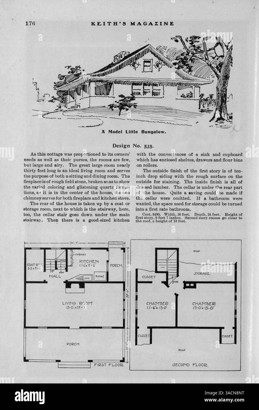 Keith's Magazine, das erstmals 1904 erschien, enthält zwölf Ausgaben zu architektonischen Entwürfen und Grundrissen. Das Magazin behandelt verschiedene Wohnstile mit Beschreibungen und damit verbundenen Kosten. Es werden Artikel über Wohnbau, Innenarchitektur und Landschaftsgestaltung sowie Werbung für Wohnmöbel und -Materialien vorgestellt. Einige Themen umfassen Pläne für andere Gebäude wie Kirchen und Schulen. Fehlende Seiten in Band 11 Nr. 4: 209, 210, 215, 216. Stockfoto