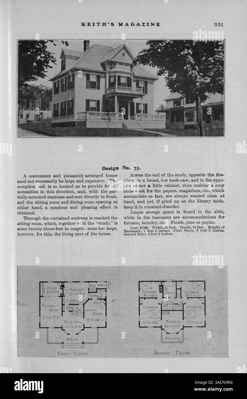 Keith's Magazine aus dem Jahr 1904 enthält Hausentwürfe, Grundrisse und Kostenaufteilungen. Es umfasst auch Wohngebäude, Inneneinrichtung und Landschaftsgestaltung. Das Magazin enthält Werbung für Baustoffe und Wohnmöbel. Einige Ausgaben enthalten Pläne für Schulen und Kirchen. Vol. 11 Nr. 4 fehlen Seiten. Stockfoto