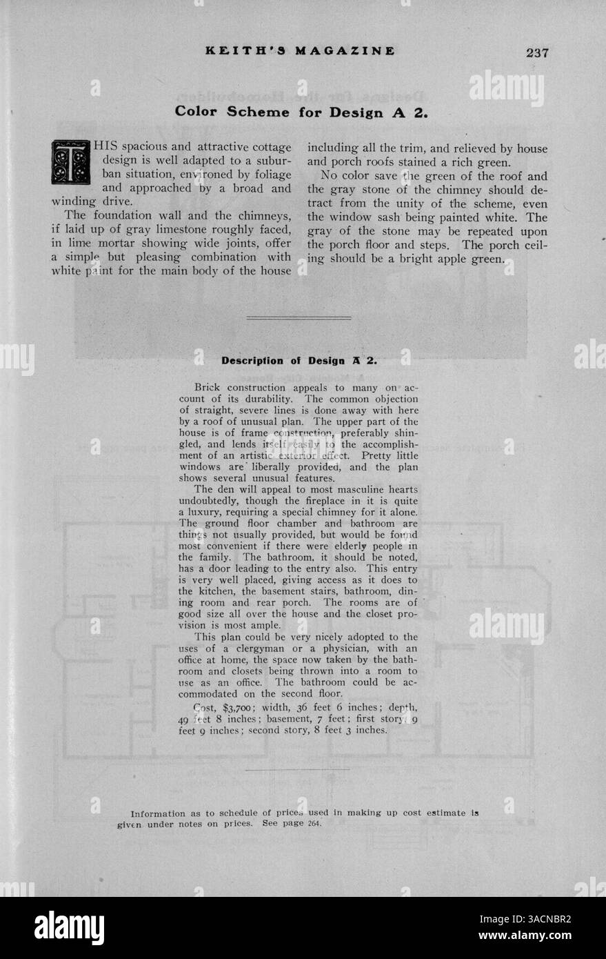 Diese Ausgabe von Keith's Magazine on Home Building (1904) enthält Hausentwürfe, architektonische Details und Baukosten. Das Magazin enthält Artikel über Inneneinrichtung, Landschaftsgestaltung und Werbung für Baubedarf. Einige Ausgaben enthalten Pläne für größere Gebäude wie Schulen und Kirchen. In der Publikation fehlen die Seiten 209-216 in Band 11, Ausgabe 4. Stockfoto