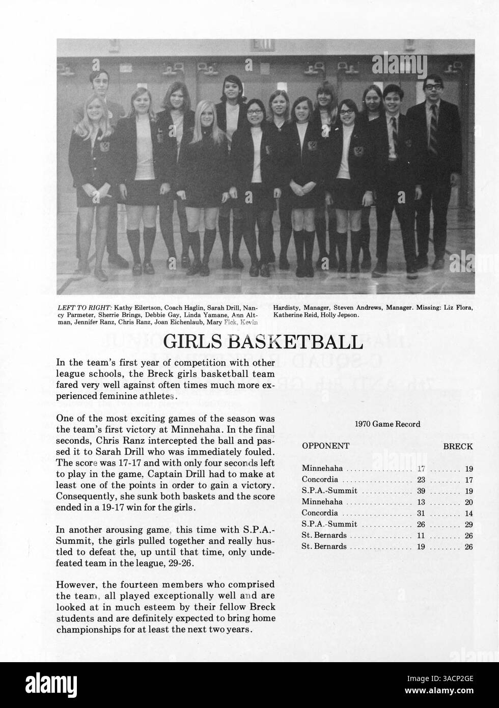 Diese Ausgabe 1970 des Breck Yearbook beschreibt die Ereignisse, die Schülerschaft, die Leichtathletik, die Vereine und die Fakultät der Breck School während des Schuljahres 1969-1970. Stockfoto