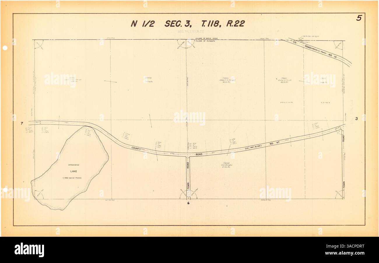 Dieser atlas enthält detaillierte Karten der Dörfer Medicine Lake und Plymouth im Hennepin County, Minnesota. Es verfügt über Grundbesitz, Streckenabschnitte, Eisenbahnen und eine Indexkarte für Grundstückserweiterungen. Stockfoto
