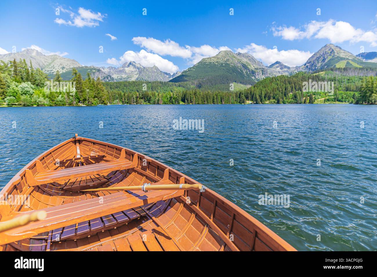 Ruhiges Boot schwimmend ruhiger See, umgeben von Kiefern, reflektieren auf ruhigem Wasser klaren Himmel friedliche Einsamkeit, idyllische Sommertourismuslandschaft Stockfoto
