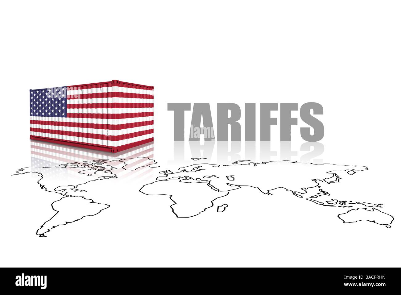 Handelsbehälter aus US-Flagge auf einer Weltkarte. Handel, Zölle und Zölle der Vereinigten Staaten von Amerika Krieg Stockfoto
