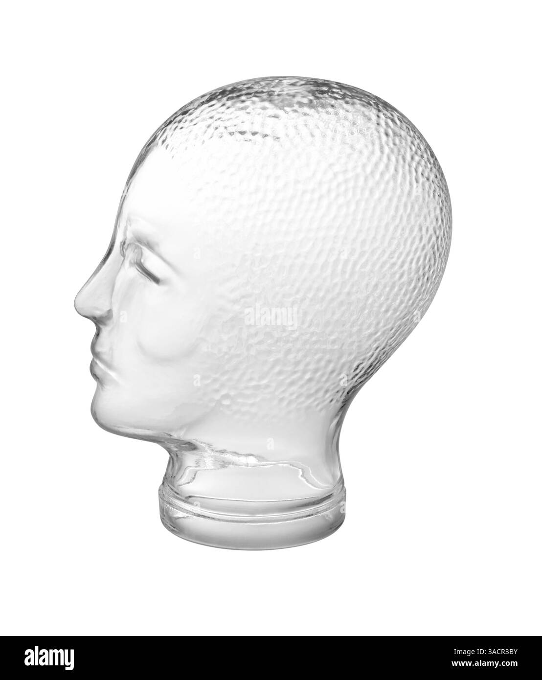 Profilaufnahme eines generischen menschlichen „Dummy“-Kopfes aus Glas, isoliert auf weißem Rücken Stockfoto