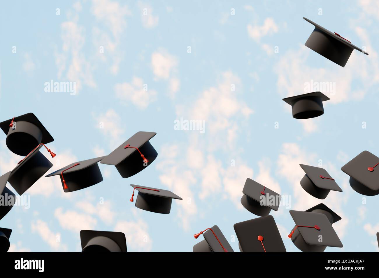 Die Graduiertenkappen werden zur Feier in den Himmel geworfen. 3D-Rendering. Stockfoto