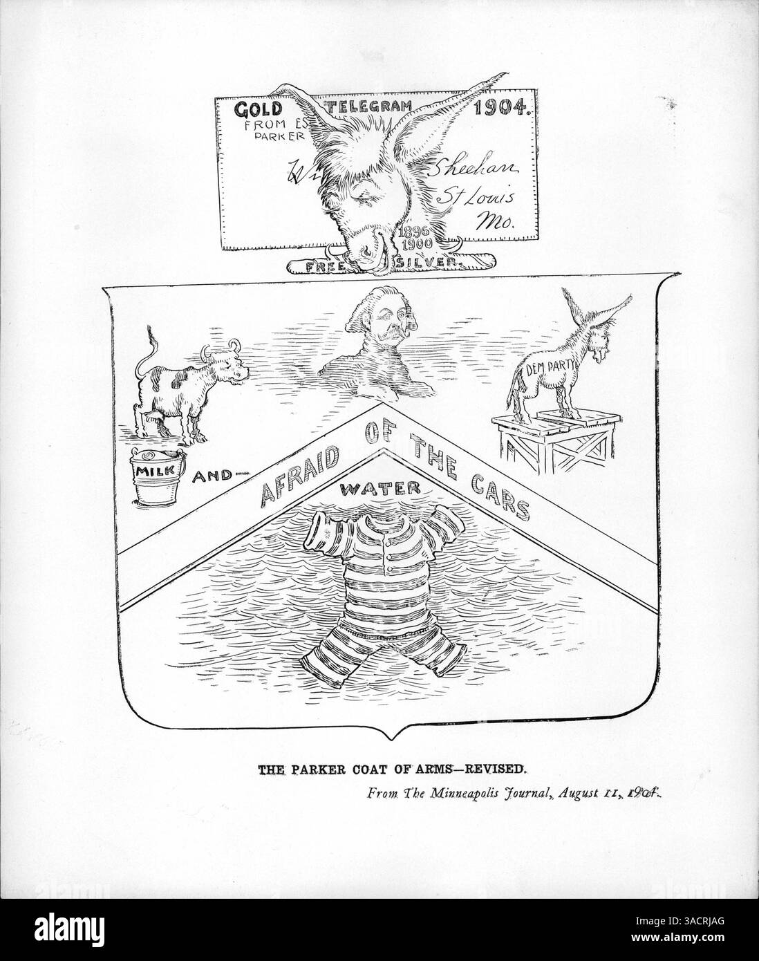 Dieses Wappen zeigt Parker als Sphinx, Milch, den Demokratischen Esel, ein Badekostüm und Symbole des Gold Telegram und Free Silver. Das Motto "Angst vor den Autos" bezieht sich auf Fragen der Demokratischen Partei und Erklärungen von Parker. Stockfoto