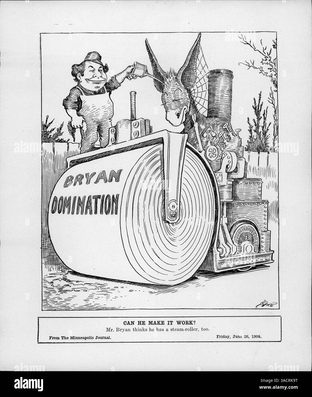 Ein politischer Zeichentrick, der William Jennings Bryan mit einer Dampfwalze zeigt und auf die GOP-Konvention von 1912 und das Konzept der politischen Herrschaft verweist. Der Zeichentrick stellt Bryans Hoffnungen humorvoll mit der Stärke von Tafts Kampagne in Kontrast. Stockfoto Ein politischer Zeichentrick, der William Jennings Bryan mit einer Dampfwalze zeigt und auf die GOP-Konvention von 1912 und das Konzept der politischen Herrschaft verweist. Der Zeichentrick stellt Bryans Hoffnungen humorvoll mit der Stärke von Tafts Kampagne in Kontrast. Stockfoto