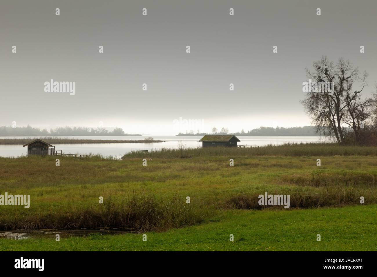 Bootshaus am Chiemsee an einem nebeligen Tag Stockfoto