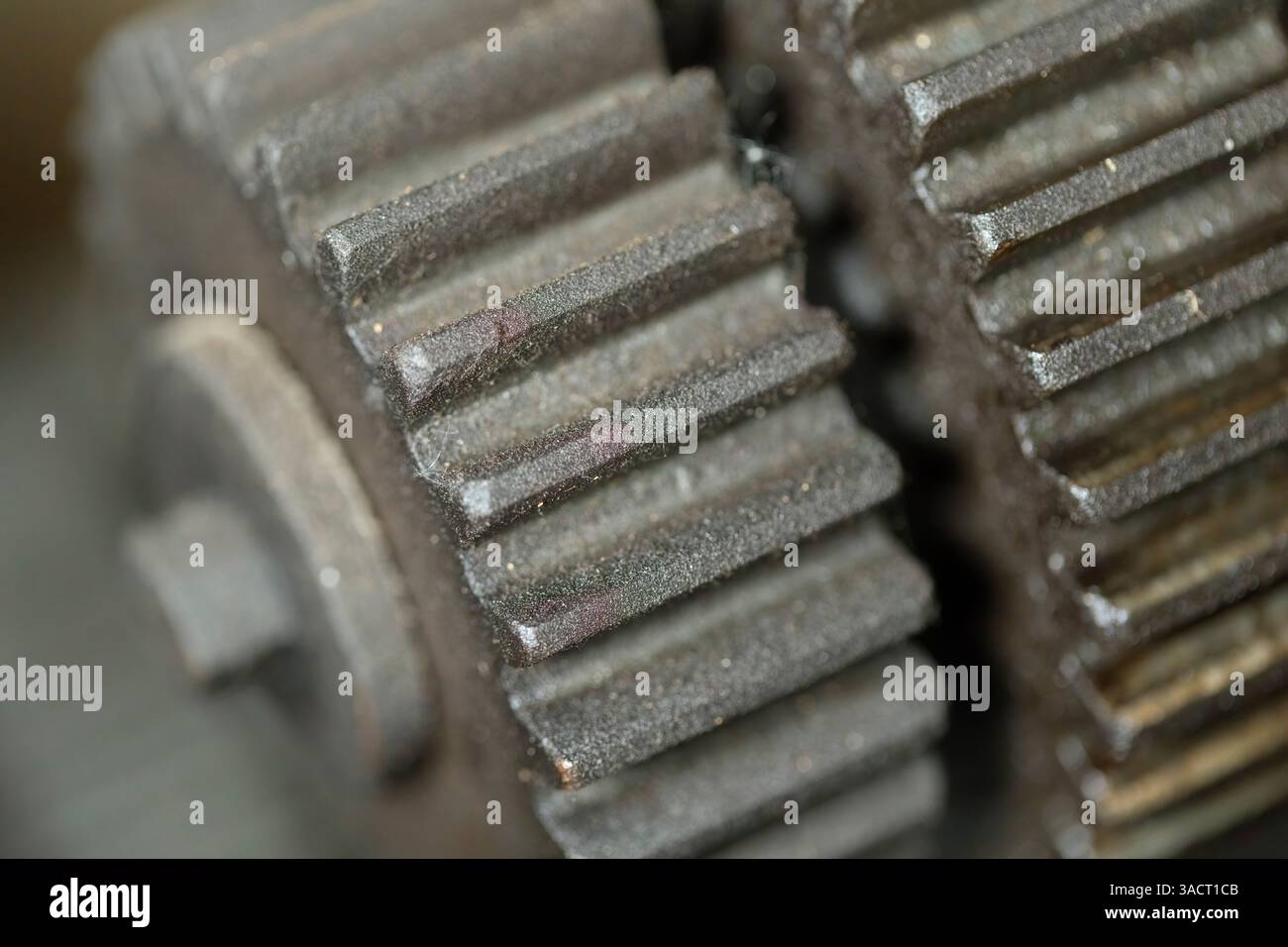 Zwei verschlissene Zahnräder, geringe Tiefenschärfe Stockfoto
