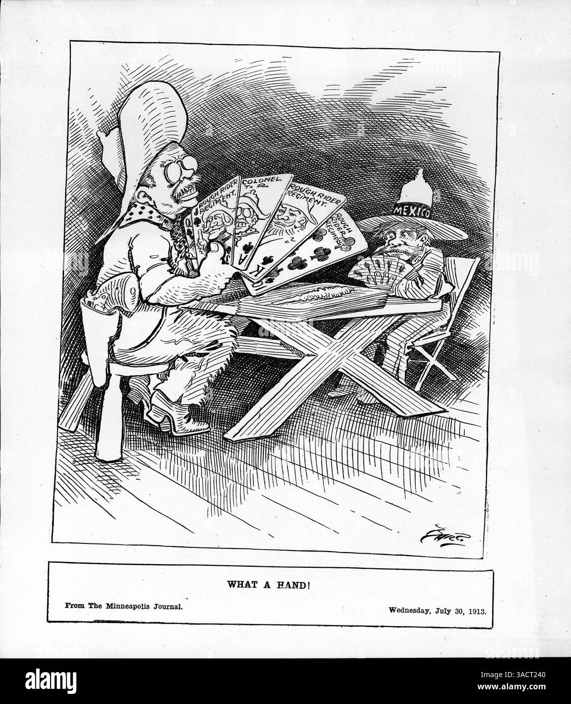 In dieser historischen Illustration spielt Theodore Roosevelt Poker mit Mexiko und hält einen königlichen Flush, der von vier Rough Rider Regimentern und sich selbst als Ass repräsentiert wird. Stockfoto
