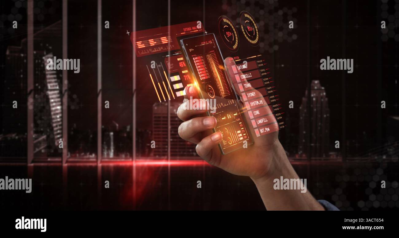 Interagieren mit der digitalen Schnittstelle, Erkundung virtueller Daten in der Stadtumgebung Stockfoto