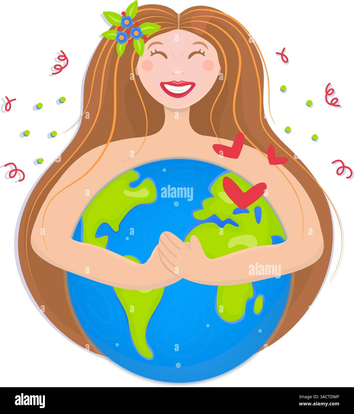 Glückliche Rothaarige, die den Planeten Erde umarmt. Helle farbige Illustration für den Tag der Erde und den Tag der Umwelt. Ökologisches Konzept, Natur retten und lieben Stock Vektor