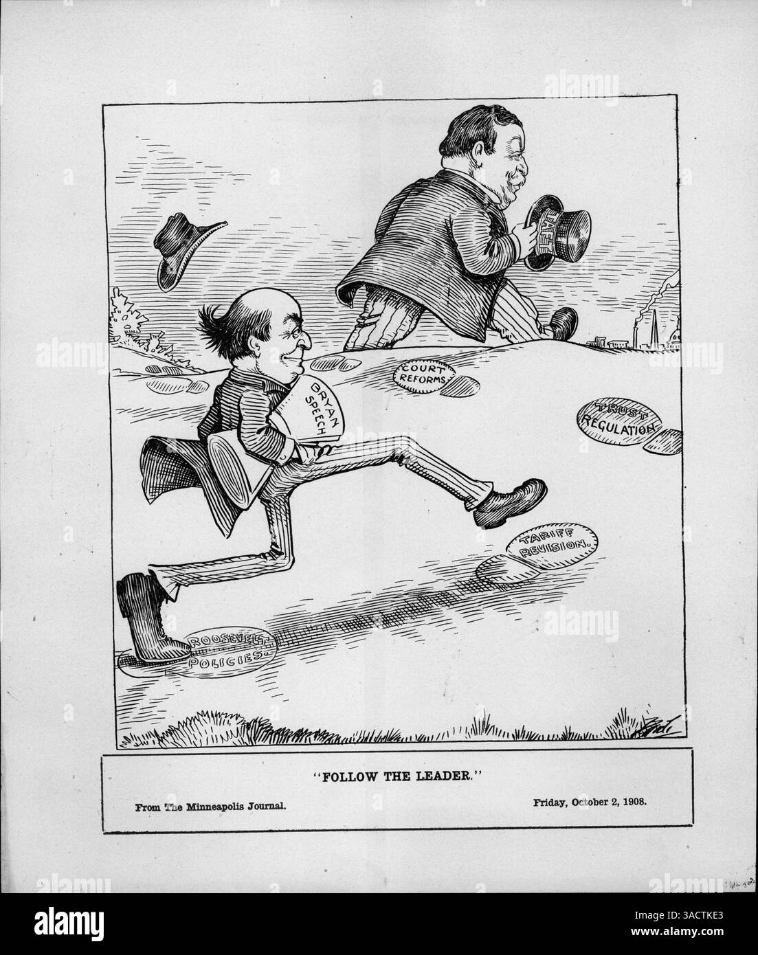 Der politische Zeichentrick zeigt Bryan, der auf seinen Wahlkampftouren durch den oberen Mittleren Westen Taft in die Fußstapfen tritt und Gemeinsamkeiten in ihren politischen Plattformen hervorhebt. Stockfoto