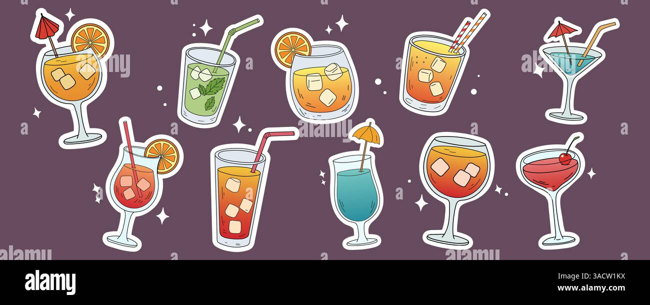 Setzen Sie alkoholische Cocktails in Gläsern in Zeichentrickskizze Retro-Stil in verschiedenen Formen. Klassische Sommergetränke, Aperitif. Getränke handgezeichnet bearbeitbare Bistro Stock Vektor