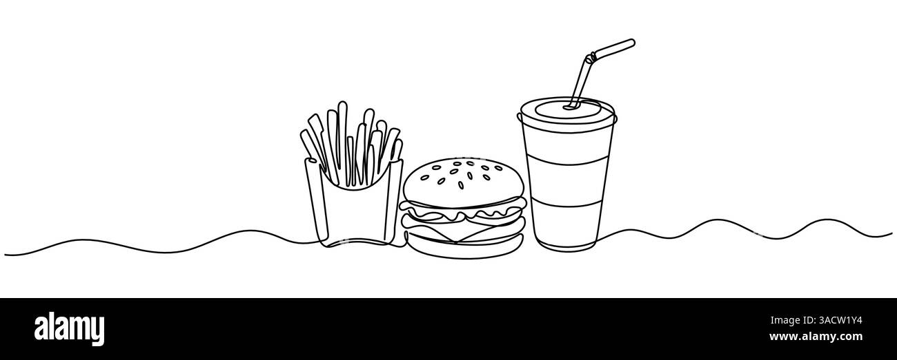Burger, Limonade und Pommes Frites zum Mitnehmen in durchgehender Linienkunst. Minimalistische schwarze lineare Fast-Food-Skizze isoliert auf weißem Hintergrund Stock Vektor