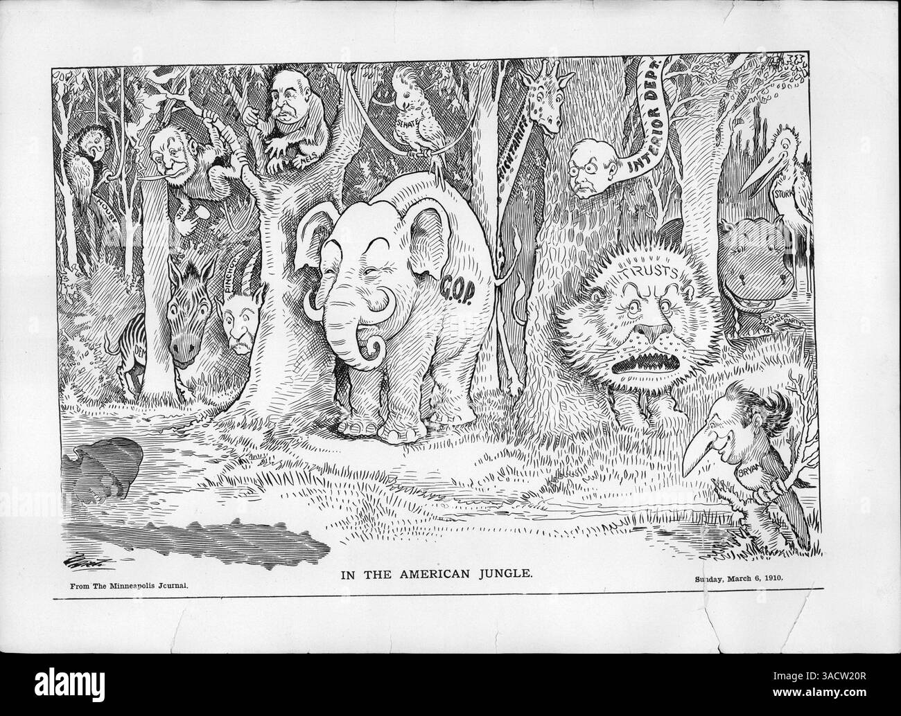 Ein politischer Zeichentrick, der verschiedene Figuren und Entitäten der amerikanischen Politik während des frühen 20. Jahrhunderts darstellt, mit einem großen Elefanten mit der Bezeichnung G.O.P. und Darstellungen politischer Persönlichkeiten. Stockfoto