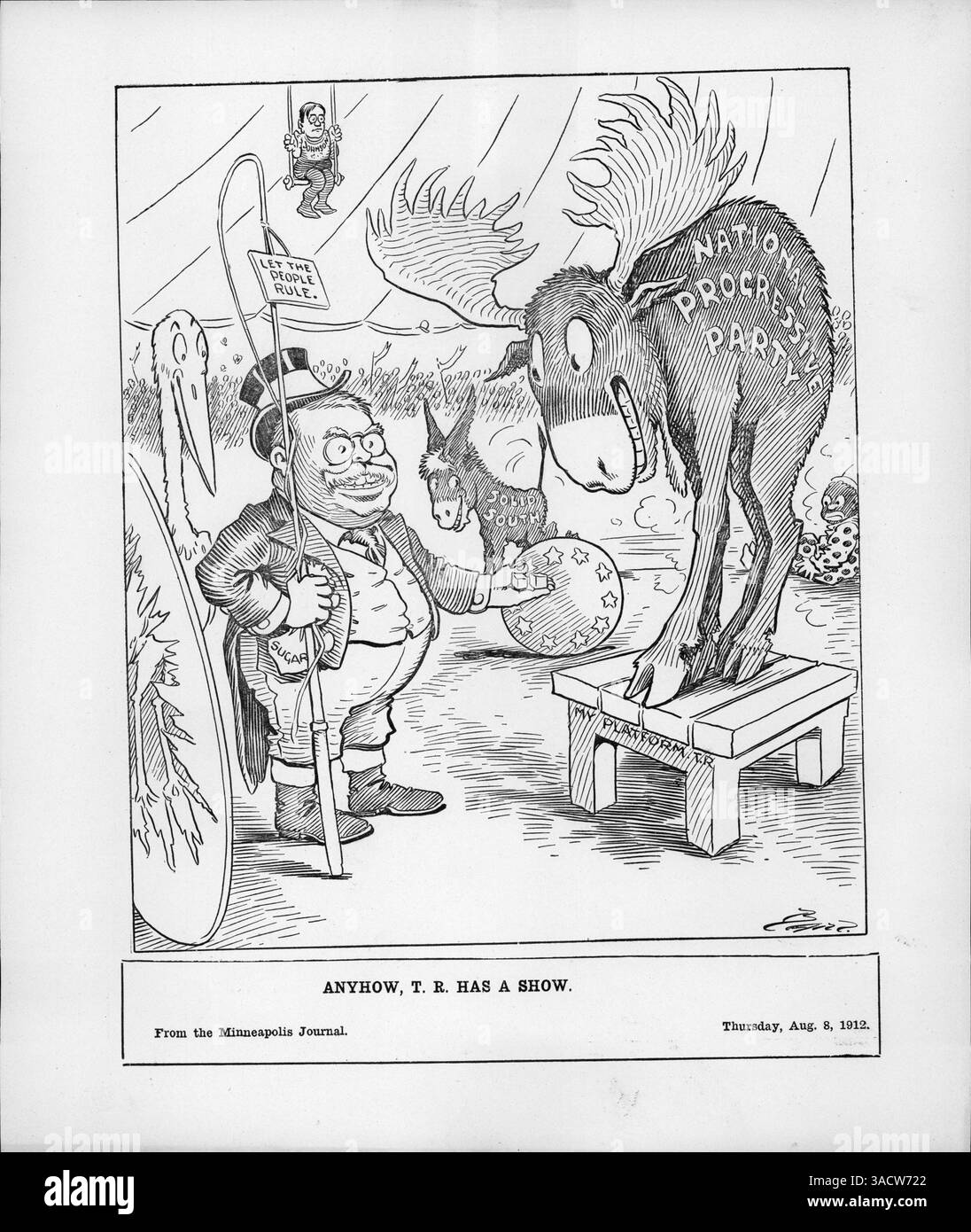 In diesem politischen Zeichentrick tritt Theodore Roosevelt als Ringmeister in einem Zirkus auf und hält eine Peitsche mit der Aufschrift "Let the People Rule". In der Nähe steht ein Bulle Elch, der die National Progressive Party vertritt. Der Zeichentrick zeigt politische Persönlichkeiten wie Hiram Johnson, den Vizepräsidenten des Progressiven, und einen Esel mit der Bezeichnung „Solid South“. Der solide Süden wurde mit der Demokratischen Partei assoziiert. Stockfoto