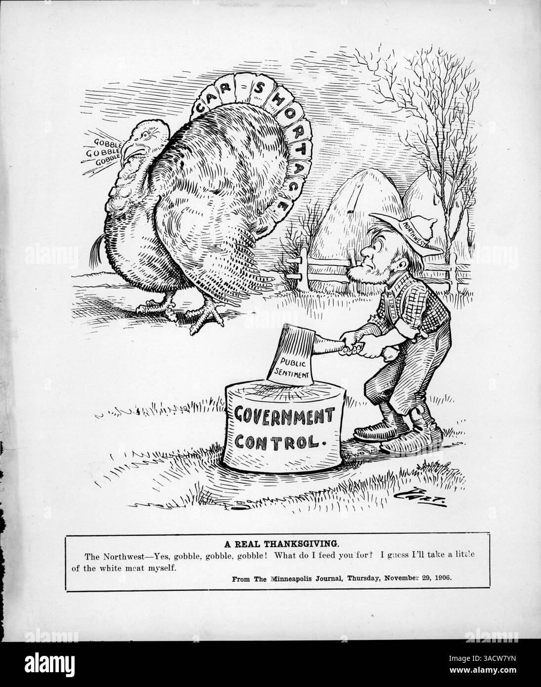 Diese Illustration zeigt eine humorvolle Interpretation der „türkei-Autoknappheit“ während Thanksgiving, wobei die Region im Nordwesten über den Mangel an Zugwagen für den Gütertransport klagt. Die Bildunterschrift zeigt die Spannungen zwischen der Eisenbahn und den lokalen Regierungen hinsichtlich der Frachtraten und -Kontrolle. Stockfoto