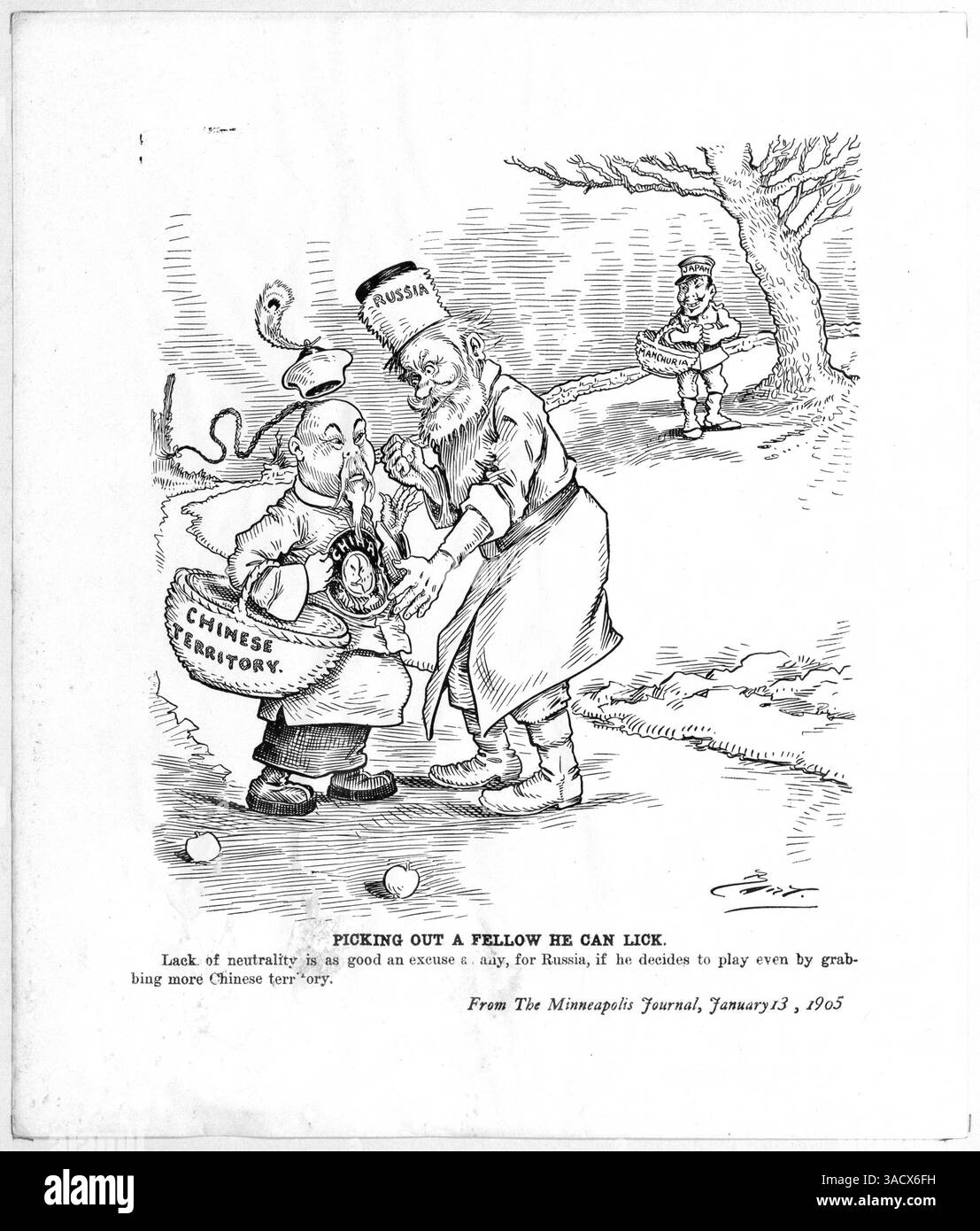 Eine satirische Illustration aus dem Russisch-Japanischen Krieg zeigt, wie Russland China wegen territorialer Streitigkeiten bedroht, wobei Japan die Mandschurei im Hintergrund hält. Der Zeichentrick spiegelt die politischen Spannungen während dieser Zeit wider. Stockfoto