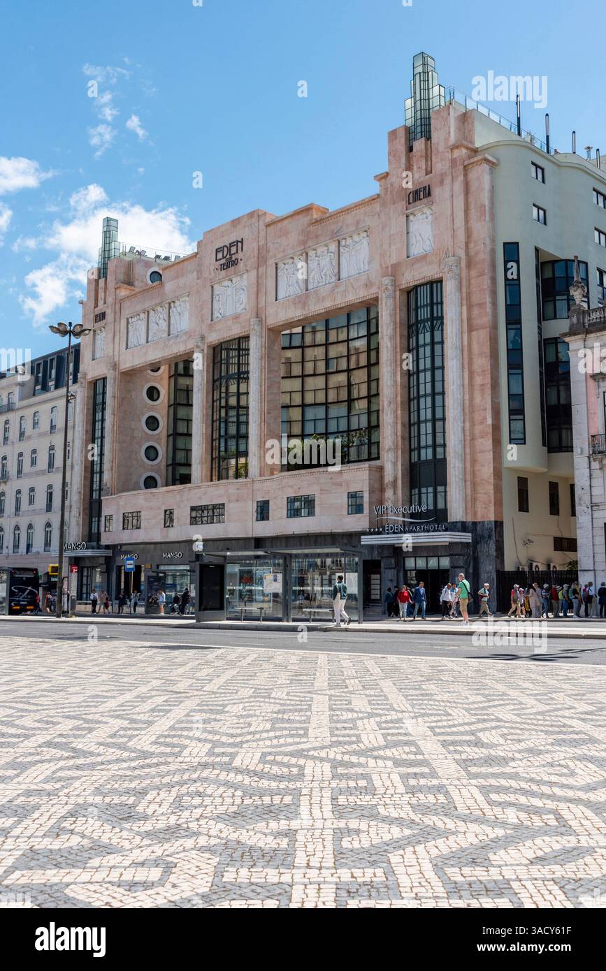 Lisboa, Portugal, Panoramablick auf den Platz Raustauradores in Lissabon und das gleichnamige Denkmal, das den Gastronomen gewidmet ist, die im 17. Jahrhundert die Freiheit von Spanien zurückeroberten, Portugal Stockfoto
