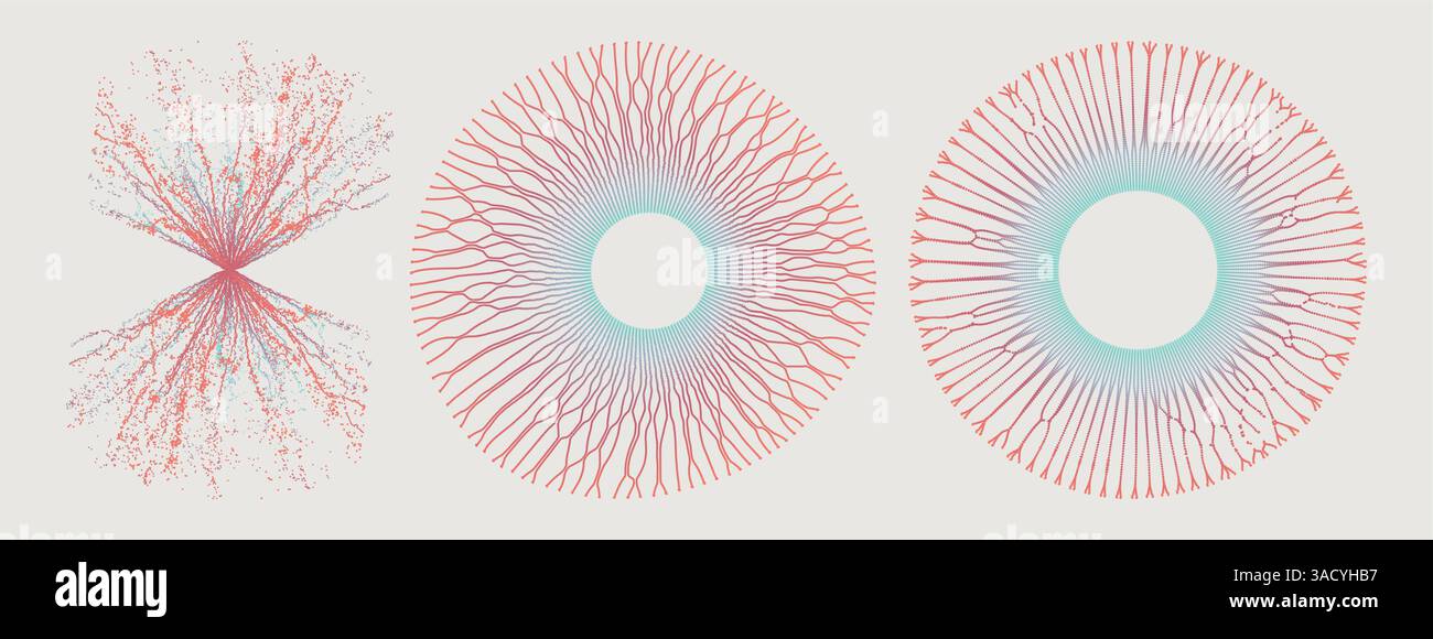 Array mit dynamischen Partikeln kleiner Partikel im Kreis. Moderne Wissenschaft und Technologie. Abstrakter gepunkteter Hintergrund. Imitation von Wasserspritzern. Stock Vektor