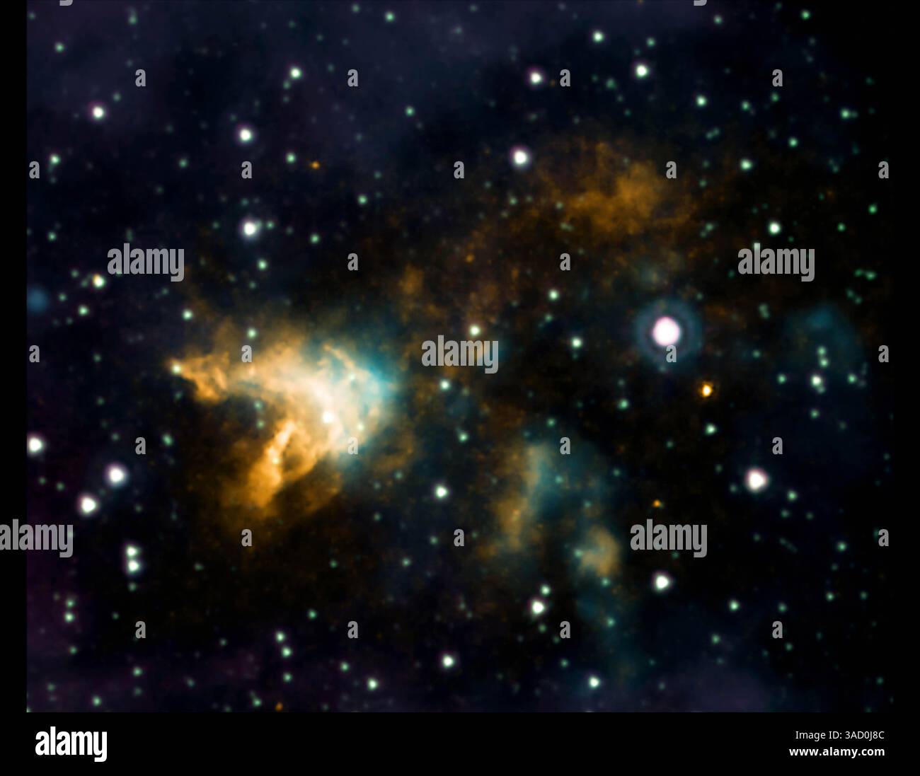 10. April 2011 - G350.1plus0.3, Milchstraßengalaxie - wichtige Hinweise über die verheerenden Folgen des Lebens massereicher Sterne finden sich in der Untersuchung der Folgen ihrer Explosionen. Das jüngste Beispiel für diese wichtige Untersuchung ist Chandras neues Bild des Supernova-Überrestes G350.1plus0.3. Dieses stellare Trümmerfeld befindet sich etwa 14.700 Lichtjahre von der Erde zum Zentrum der Milchstraße. Astronomen glauben, dass diese bizarre Form, asymmetrisches Goldgebiet, auf ein stellares Trümmerfeld zurückzuführen ist, das sich in eine nahe gelegene Wolke aus kaltem molekularem Gas ausdehnt. Daten deuten auf diese Supernova-Remna hin Stockfoto