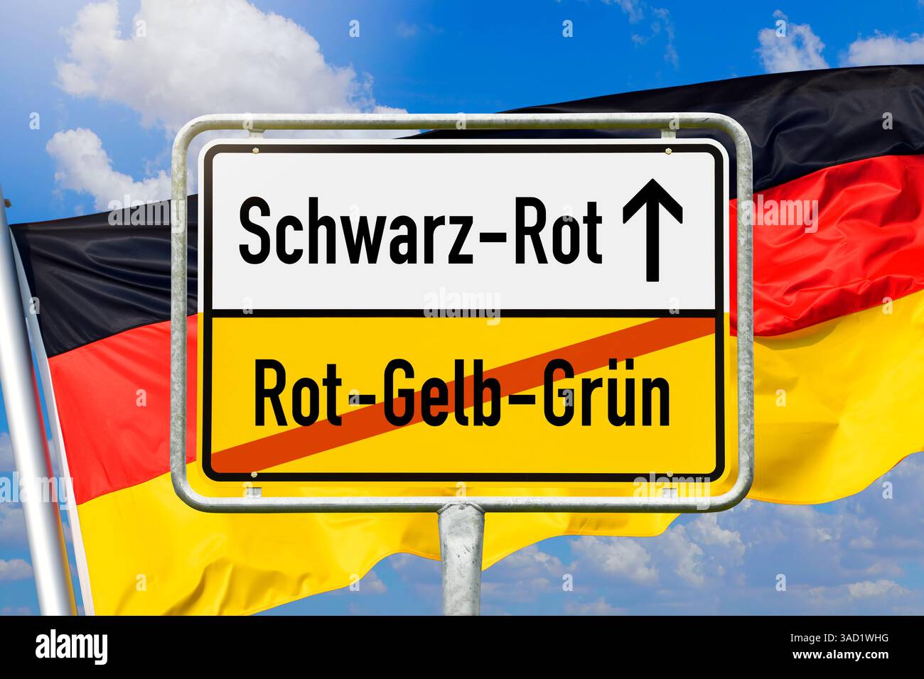Stadtschild mit Aufschrift schwarz-rot und durchgestrichene Aufschrift rot-gelb-grün vor deutscher Flagge, Fotomontage Stockfoto