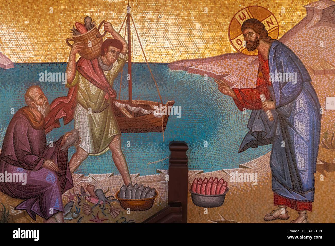 Zypern, Paphos, Troodos-Gebirge, Kykkos-Kloster, Mosaiken, die Jesus Christus darstellen, der die Fischer auf dem See von Galiläa ruft Stockfoto
