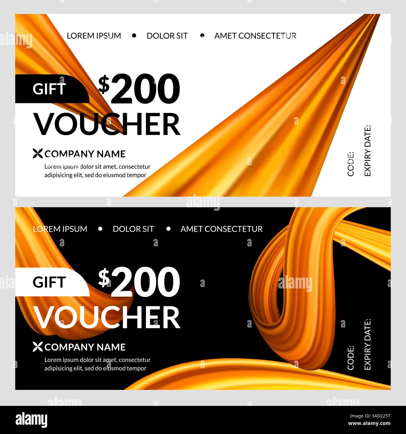 Geschenkgutscheinkarte Set mit Bewegung 3D Gold glänzenden Band Hintergrund. Abstraktes Banner für saisonale Feiertage. Vektor-Luxusdesign-Vorlage für Zertifizierungen Stock Vektor