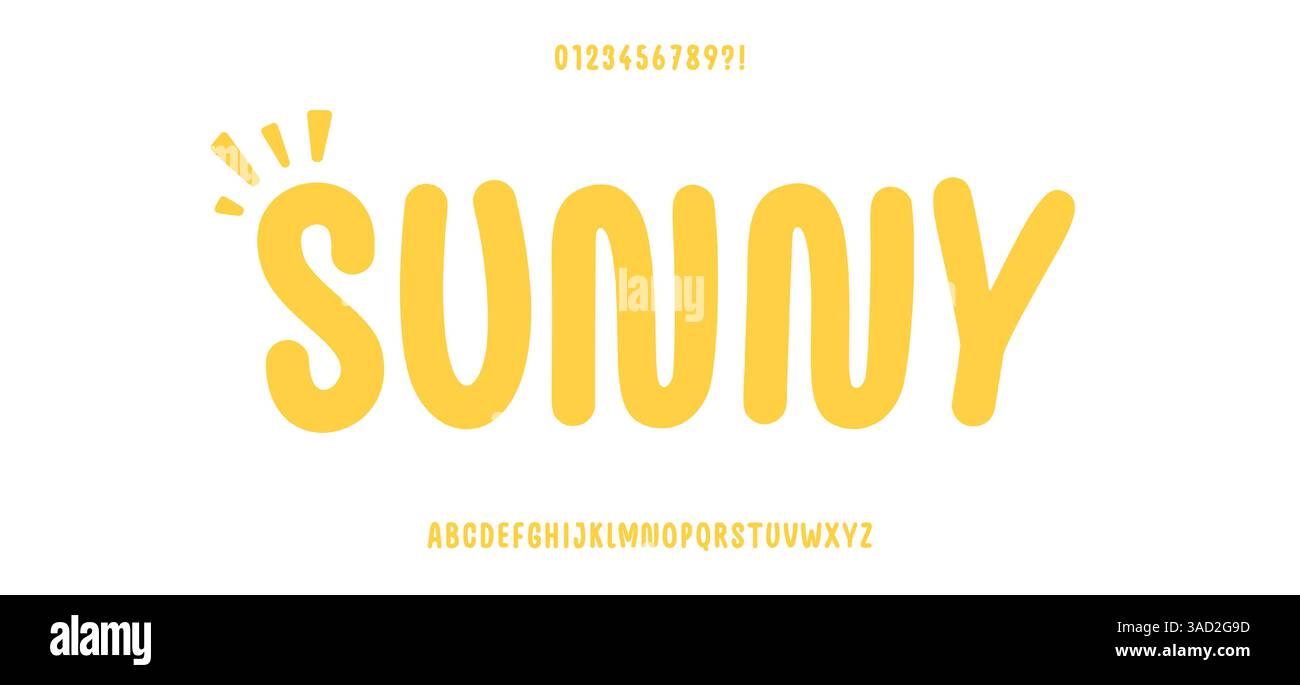 Fröhliche sonnige Schriftart mit kräftigen abgerundeten Buchstaben in leuchtendem Gelb, süßes Alphabet für Sommerprojekte, Kindermotive, Grußkarten und Happy Branding Stock Vektor