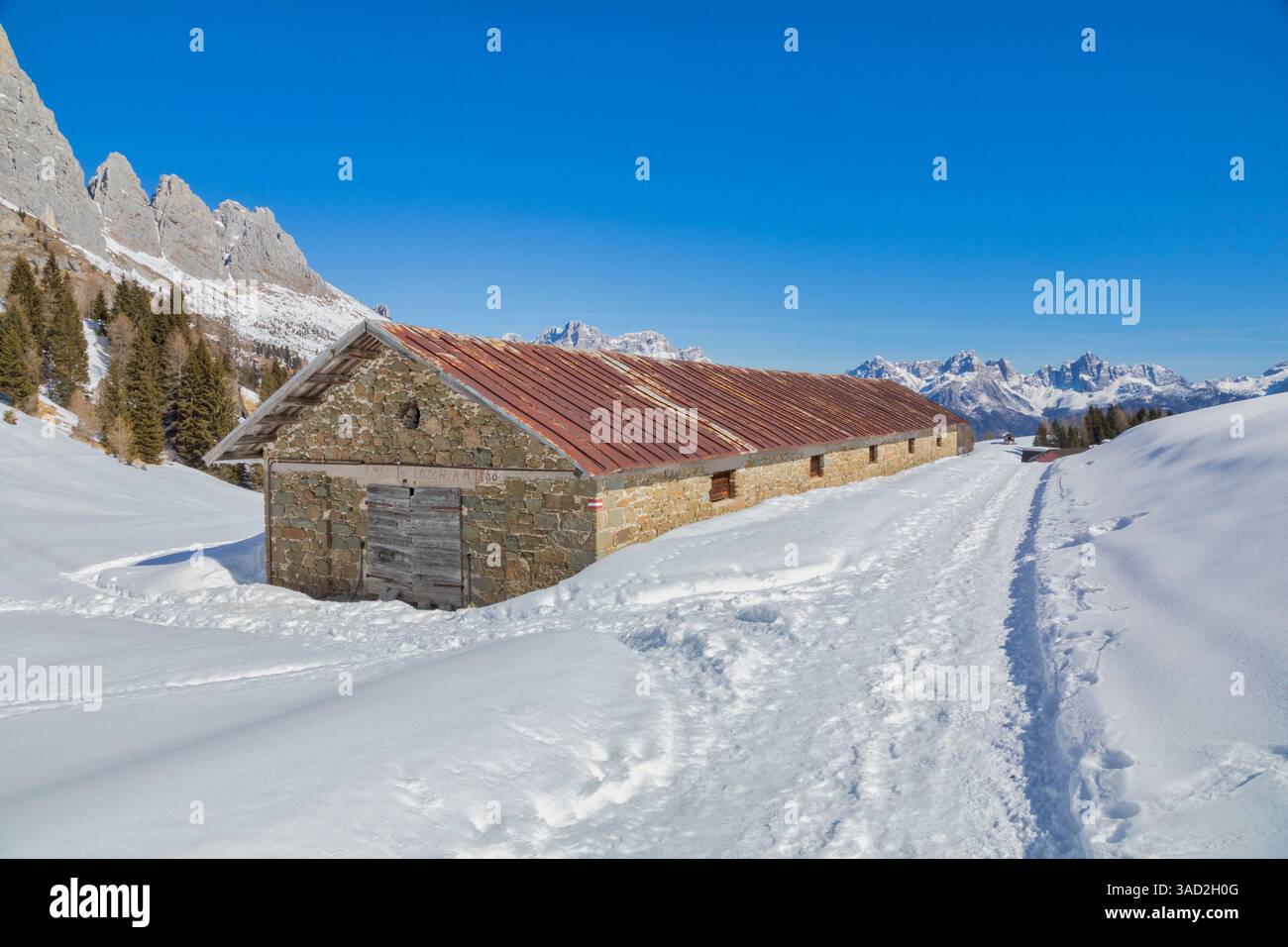 Panorama auf der Losch alm mit den Strukturen der alten alm, Agordino Dolomiten, Gemeinde Voltago Agordino, Provinz Belluno, Veneto, Italien Stockfoto