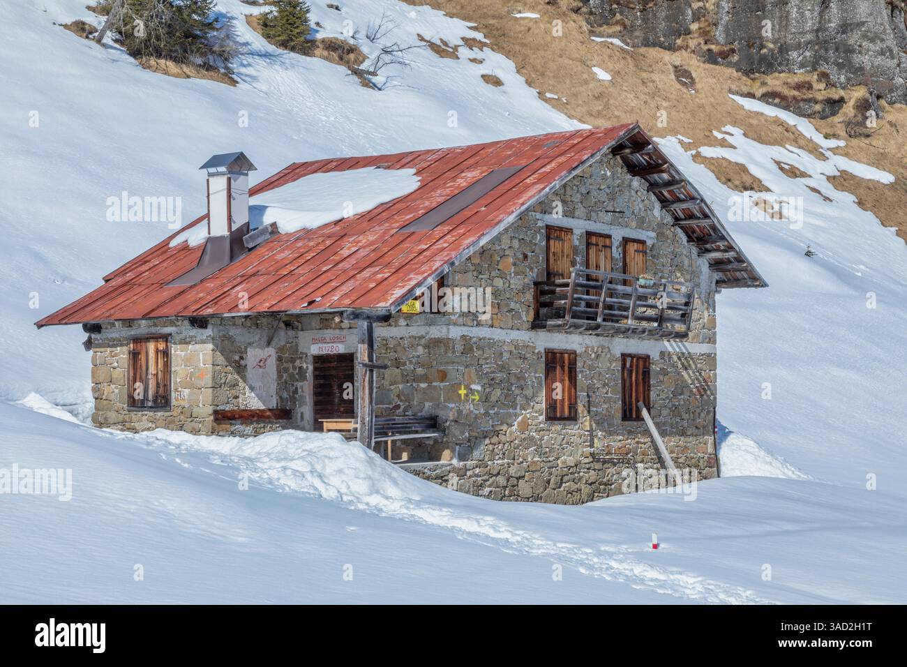 Die Losch alm mit den Strukturen der alten alm, Agordino Dolomiten, Gemeinde Voltago Agordino, Provinz Belluno, Veneto, Italien Stockfoto