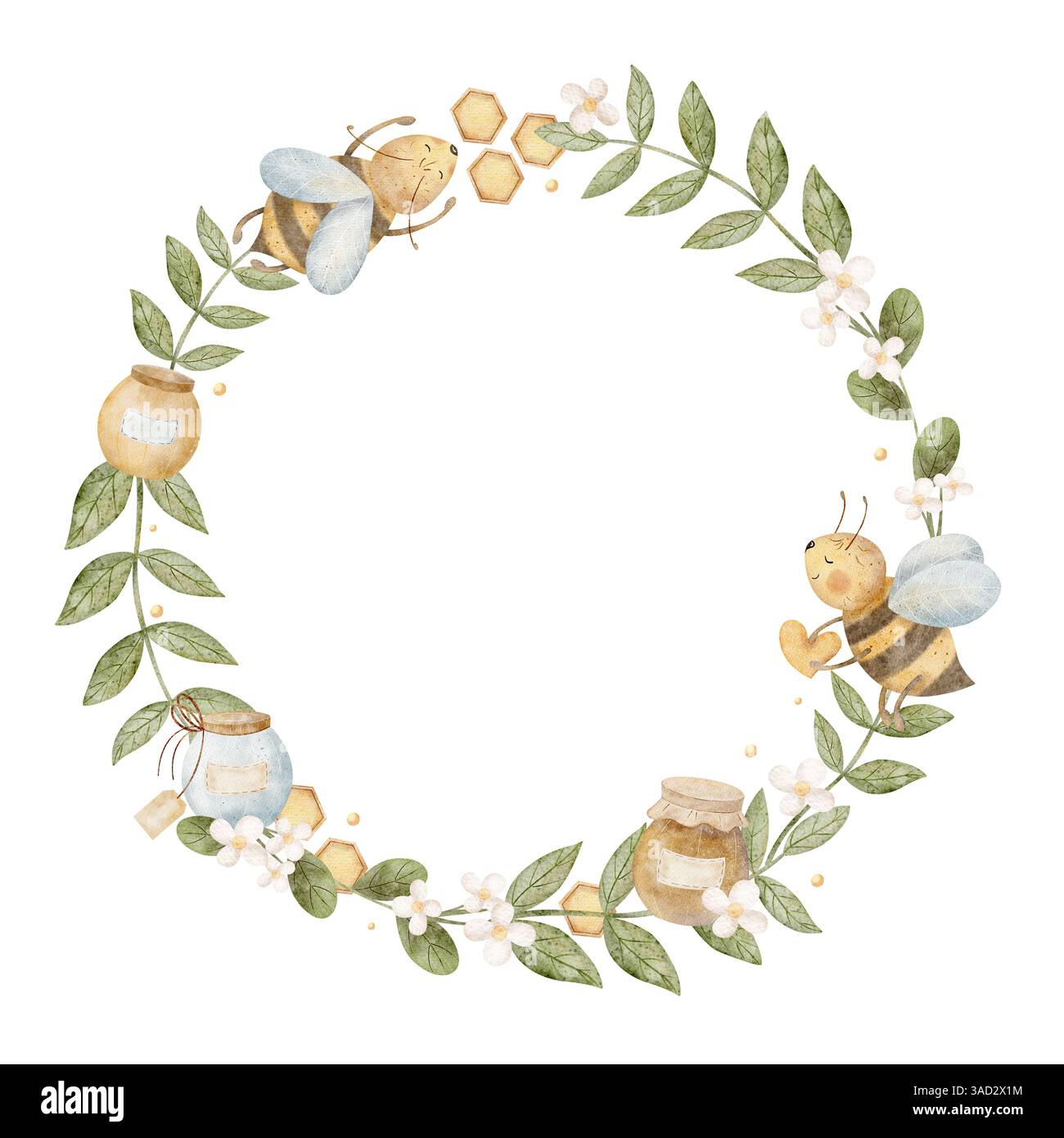 Bienenkranz mit Honiggläsern, Zweige mit Blättern und Blumen. Aquarellillustration handgezeichnet im Cartoon-Stil für Vorlage, Einladungskarte Stockfoto