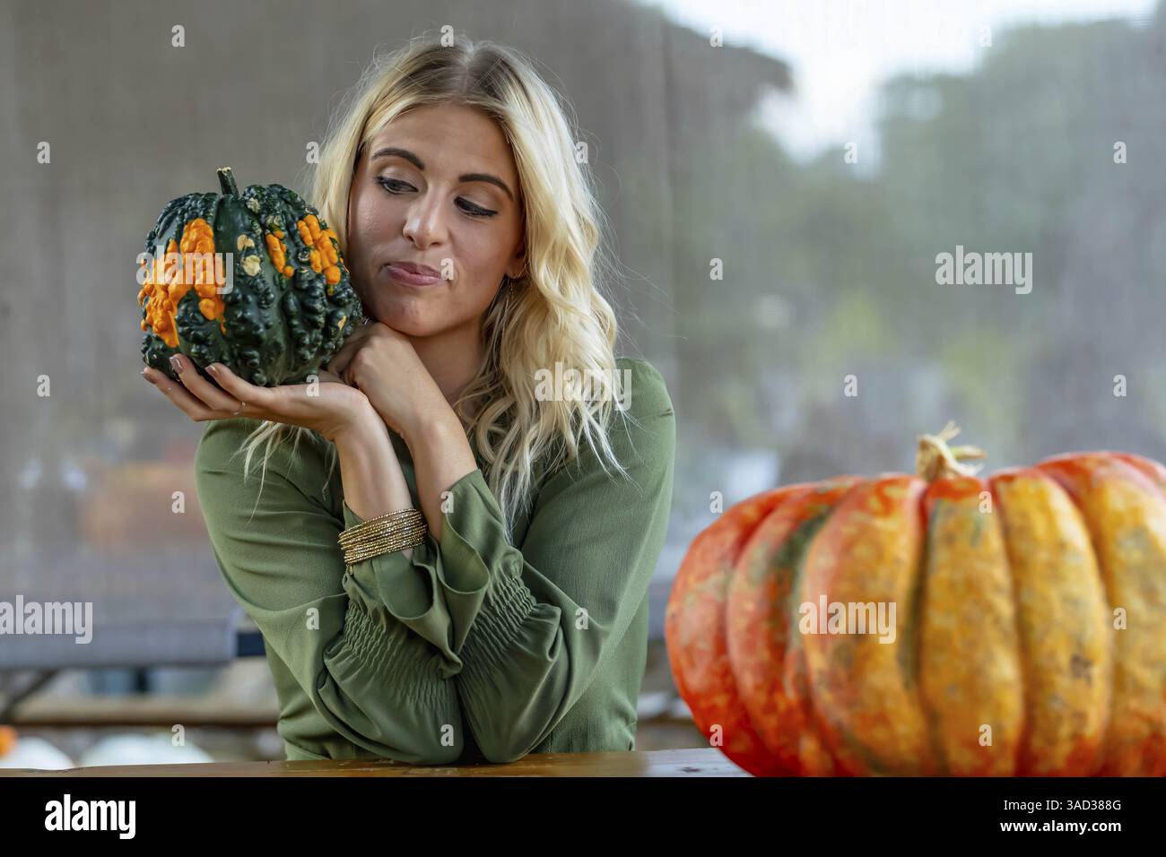 Ein atemberaubendes blondes Model posiert in einem lebhaften Kürbisfeld und trägt ein stilvolles Herbstoutfit mit einem Hauch von Halloween-Charme. Die Einstellung leuchtet warm Stockfoto