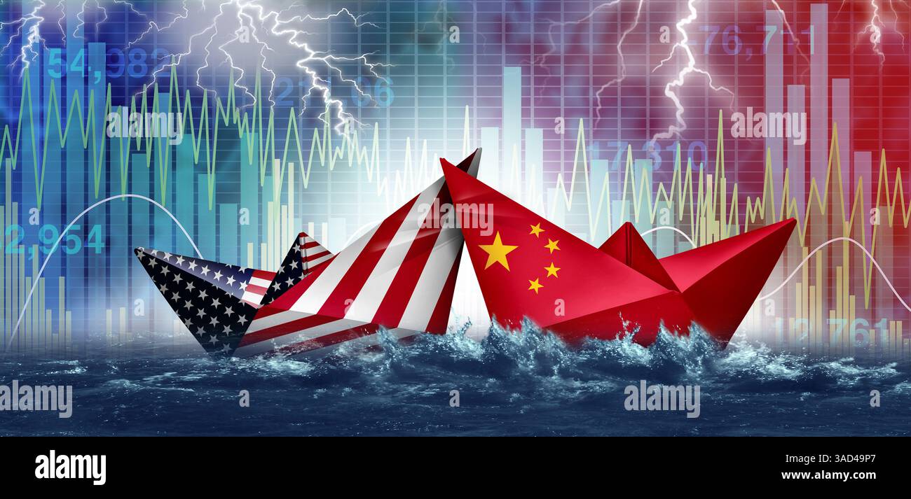 China US-Handelskrieg-Krise als chinesische und amerikanische Vergeltungszölle als finanzielles Risiko und Investitionsgefahr als Börsenturbulenzkrise und Stockfoto